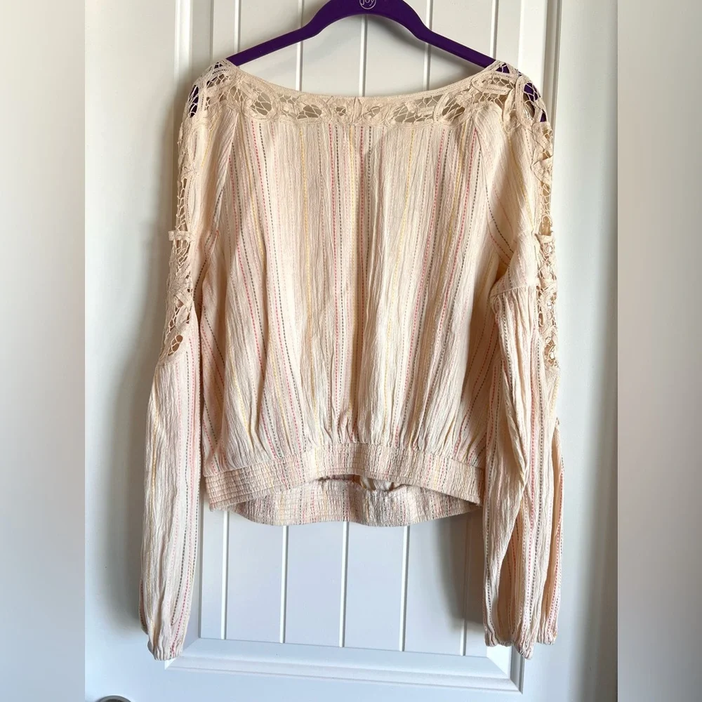 Free People Cream Lace & Striped Detail Peasant Top, XS